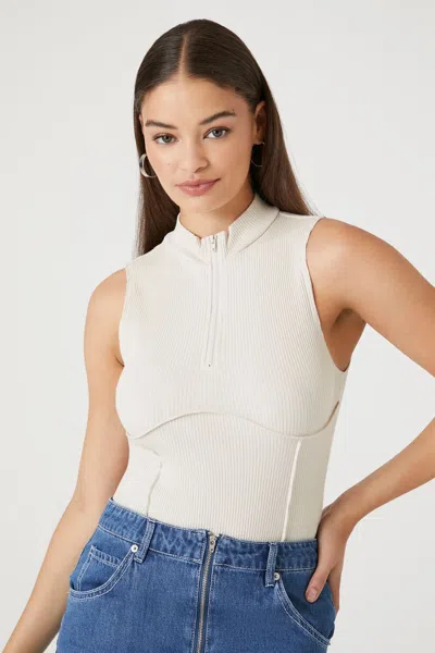Forever 21 Ribbed Half-zip Bodysuit In Neutral