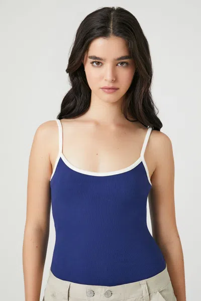 Forever 21 Ribbed Knit Ringer Cami Bodysuit In Blue