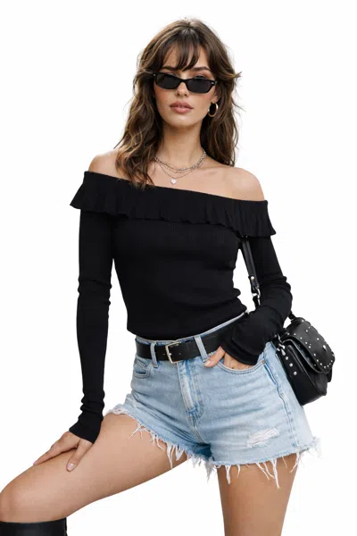 Forever 21 Ruffle Off-the-shoulder Ribbed Sweater In Black