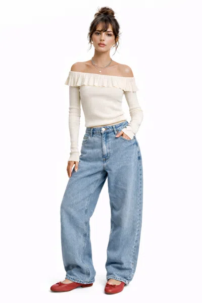 Forever 21 Ruffle Off-the-shoulder Ribbed Sweater In White