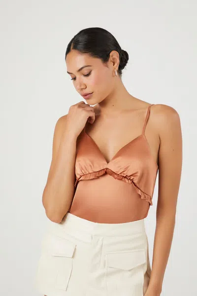 Forever 21 Satin Ruffle-trim Bodysuit In Brown