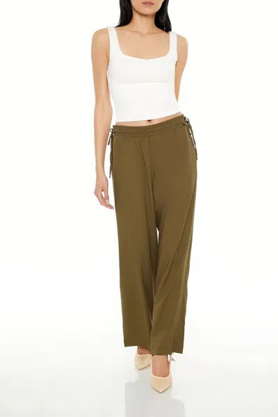 Forever 21 Shirred Tie-waist Wide-leg Pants In Green