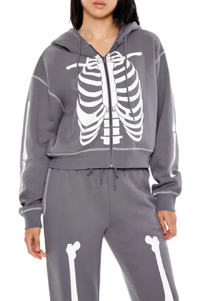 Forever 21 Skeleton Graphic Zip-up Hoodie In Gray