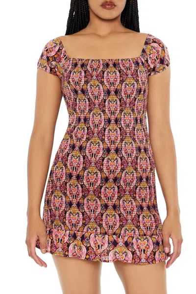 Forever 21 Smocked Ornate Print Mini Dress In Multi