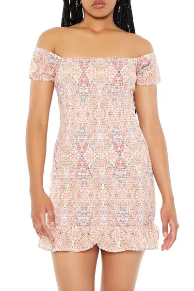 Forever 21 Smocked Ornate Print Mini Dress In Pink