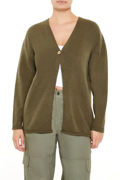Forever 21 Split-hem Cardigan Sweater In Green
