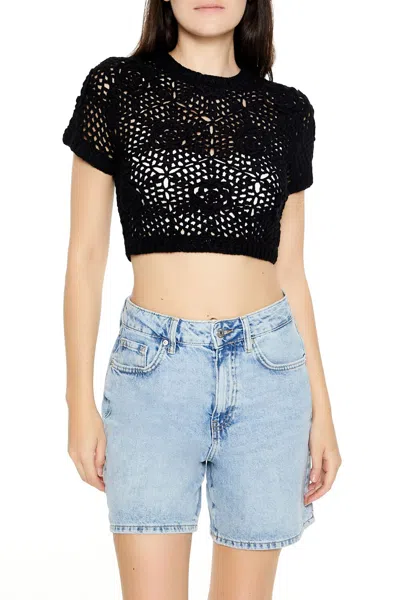 Forever 21 Sweater-knit Crochet Crop Top In Black