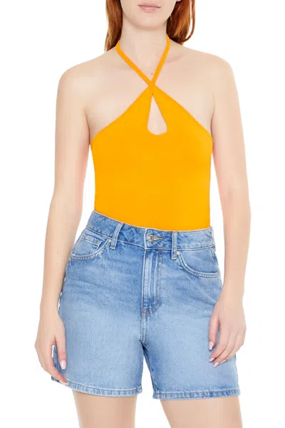 Forever 21 Sweater-knit Halter Thong Bodysuit In Yellow