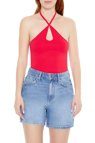 Forever 21 Sweater-knit Halter Thong Bodysuit In Red