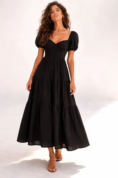 Forever 21 Tiered Puff-sleeve Maxi Dress In Black