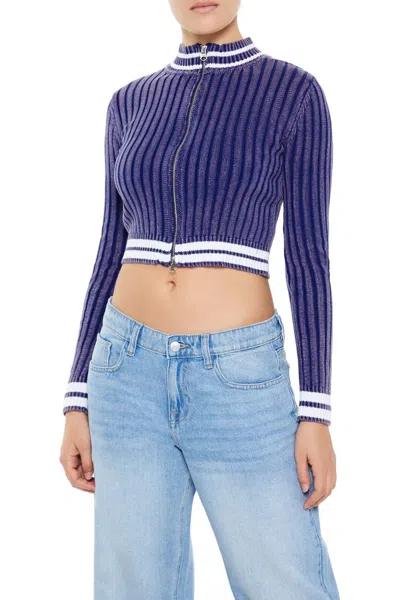 Forever 21 Varsity-striped Zip-up Sweater In Blue
