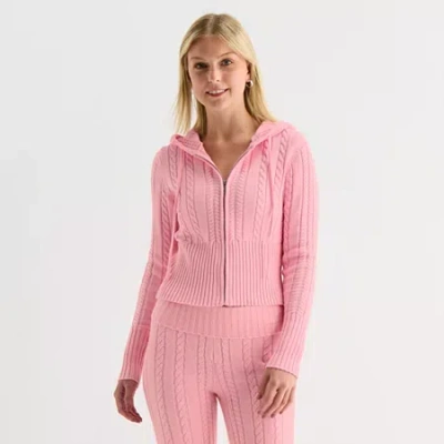 Forever 21 Womens Hooded Long Sleeve Zipper Juniors Cable Knit Cardigan In Pink