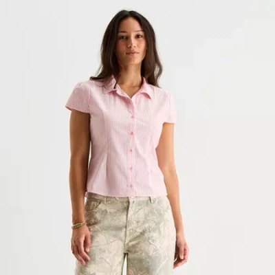 Forever 21 Womens Juniors Cap Short Sleeve Relaxed Fit Embellished Poplin Button-down Shirt In Pink