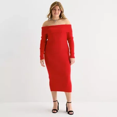 Forever 21 Womens Juniors Long Sleeve Midi Sweater Dress In Red