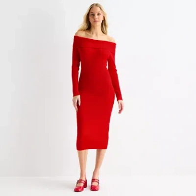 Forever 21 Womens Juniors Long Sleeve Midi Sweater Dress In Red