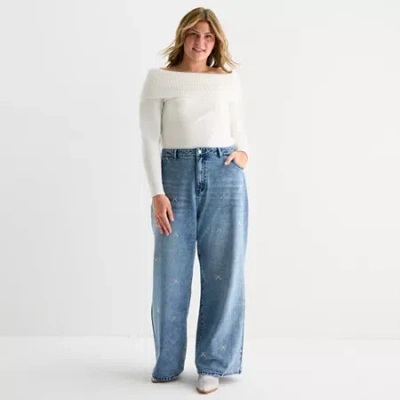 Forever 21 Womens Juniors Low Rise Relaxed Fit Embellished Bow Jean In Blue