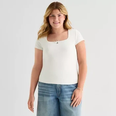 Forever 21 Womens Juniors Plus Square Neck Short Sleeve Graphic T-shirt In White