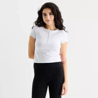 Forever 21 Womens Juniors Short Sleeve Fitted Henley Shirt In White