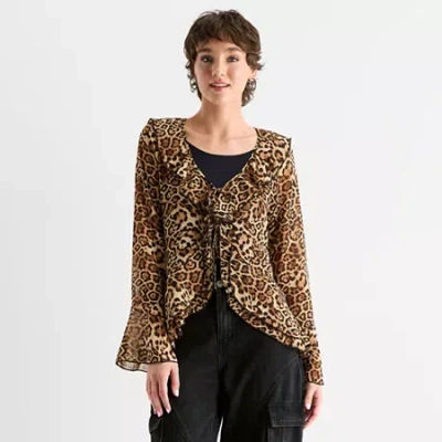 Forever 21 Womens Juniors Split Tie Neck Long Sleeve Blouse In Brown