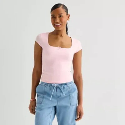 Forever 21 Womens Juniors Square Neck Short Sleeve Graphic T-shirt In Pink