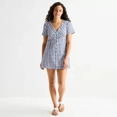Forever 21 Womens Juniors V Neck Short Sleeve Babydoll Dress In Blue