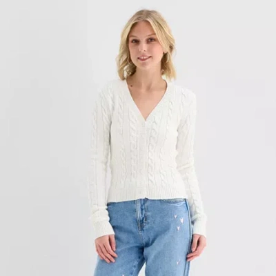 Forever 21 Womens V Neck Long Sleeve Button Juniors Cardigan In White