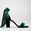 Forever & Always Shoes Women's Ariadne - Green Velvet Sandals With Ribbon In Emerald Green