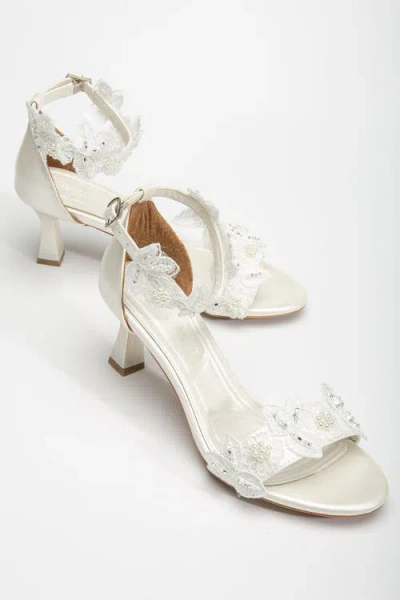 Forever & Always Shoes Birdie Lace Kitten Heel Sandals In Ivory Faux Leather