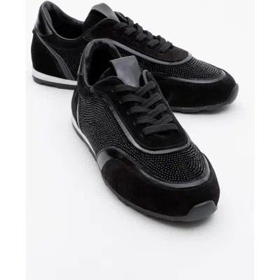 Forever & Always Shoes Bonia Rhinestone Suede Leather Sneakers In Black Suede Leather