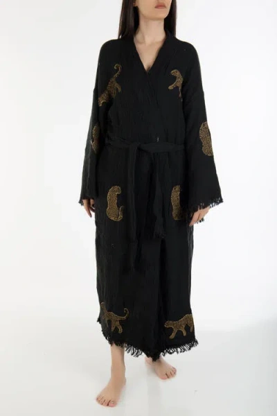 Forever & Always Shoes Calypso Handmade Leopard Cotton Kimono In Black