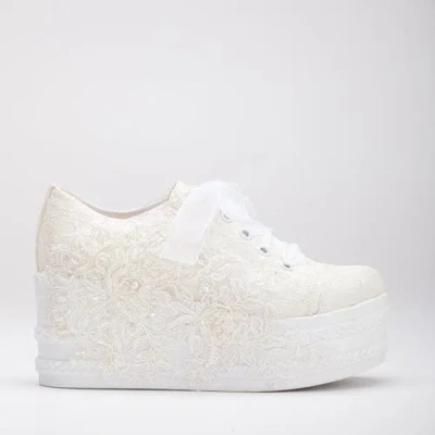 Forever & Always Shoes Women's White Claudine - Ivory Lace High Heel Wedding Sneakers