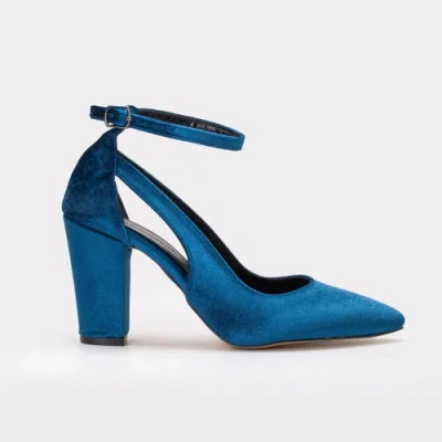Forever & Always Shoes Colette Pointed Toe High Block Heels In Teal Blue Velvet