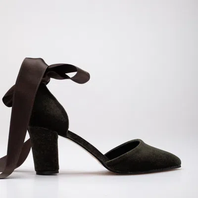 Forever & Always Shoes Gisele High Block Heels With Ribbon In Olive Green Velvet