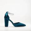 Forever & Always Shoes Hazel Block Heels With Pearls In Teal Blue Velvet