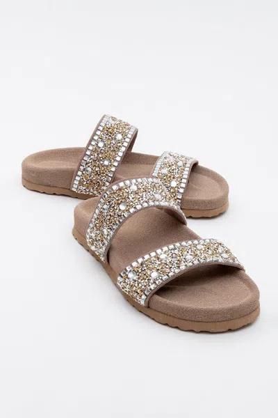Forever & Always Shoes Jamie Leather Double Strap Slide Sandal With Stones In Brown