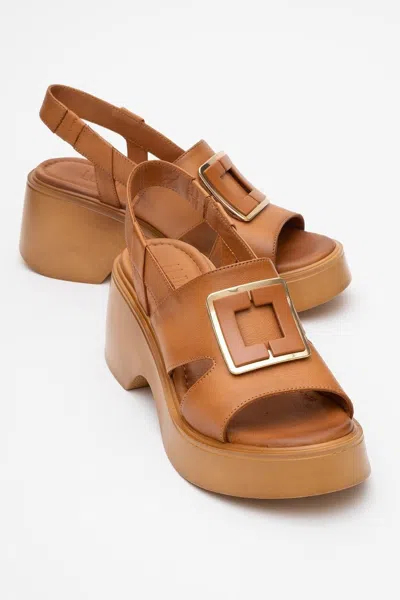 Forever & Always Shoes Lucia Leather Buckle Platform Sandal In Brown