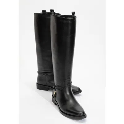 Forever & Always Shoes May Leather Knee High Buckle Boot In Black