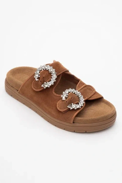Forever & Always Shoes Morelia Suede Leather Slide Sandal In Cognac Brown Suede Leather