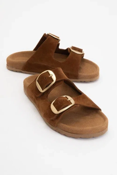 Forever & Always Shoes Ovesta Soft Footbed Leather Slide Sandal In Cognac Suede Leather
