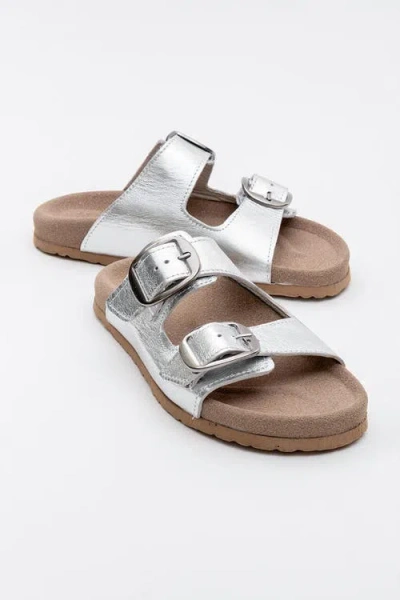 Forever & Always Shoes Ovesta Soft Footbed Leather Slide Sandal In Silver Leather
