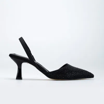 Forever & Always Shoes Rae Slingback Kitten Heel Pumps In Black Rhinestones