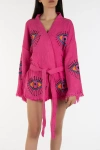 Forever & Always Shoes Sereia Evil Eye Handmade Cotton Short Kimono In Fuchsia