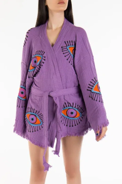 Forever & Always Shoes Sereia Evil Eye Handmade Cotton Short Kimono In Purple