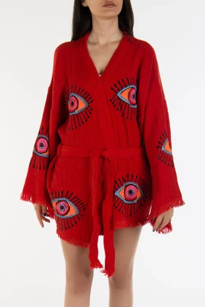 Forever & Always Shoes Sereia Evil Eye Handmade Cotton Short Kimono In Red