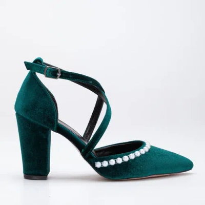 Forever & Always Shoes Women's Sina - Green Velvet Pearl Heels In Emerald Green W/pearls