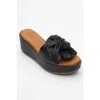 Forever & Always Shoes Syndra Bow Wedge Leather Sandal In Black