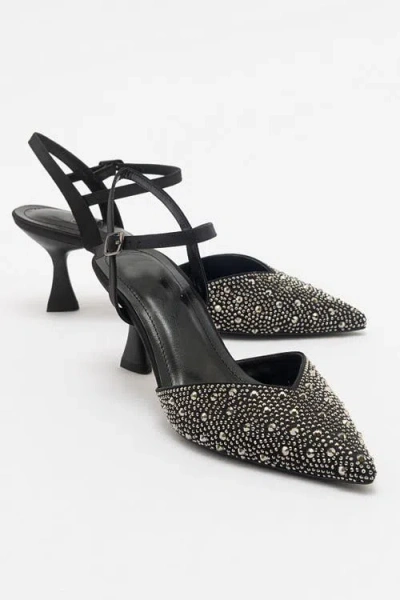Forever & Always Shoes Vilka Embellished Slingback Kitten Heel Pumps In Black Faux Leather