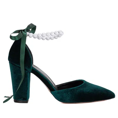 Forever & Always Shoes Women's Agnes - Emerald Green Velvet Pearl Heels In Ivory