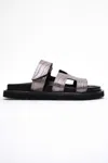 Forever & Always Shoes Women's Gold Loana Platinum Leather Slide Sandal In Black