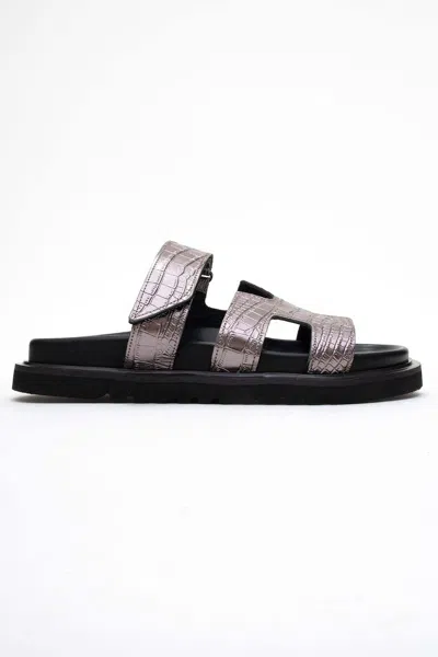 Forever & Always Shoes Women's Gold Loana Platinum Leather Slide Sandal In Black